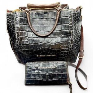 Dooney & Bourke Croco Embossed Large Barlow Satchel + Wallet Set (Black / Brown)